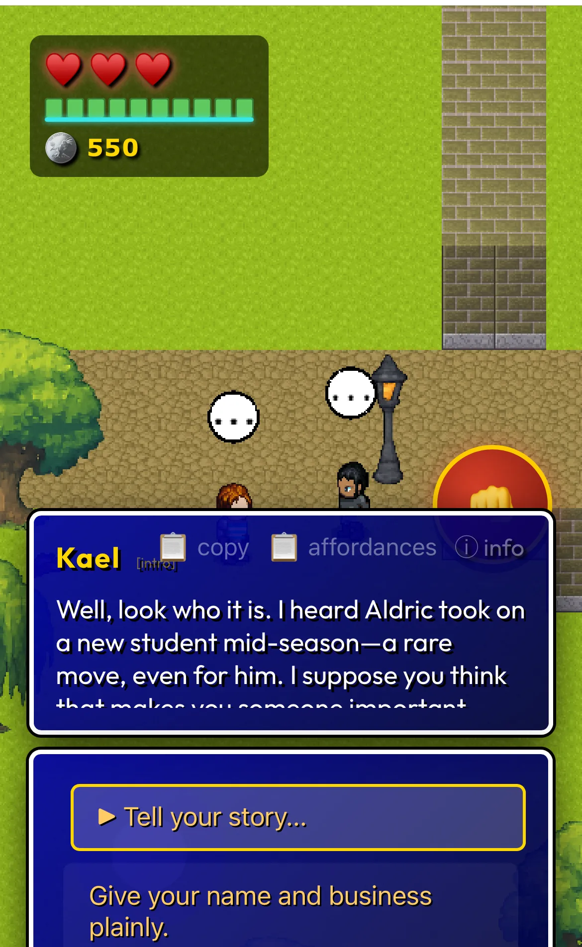 Stonelark: an NPC greets the player with something they already heard